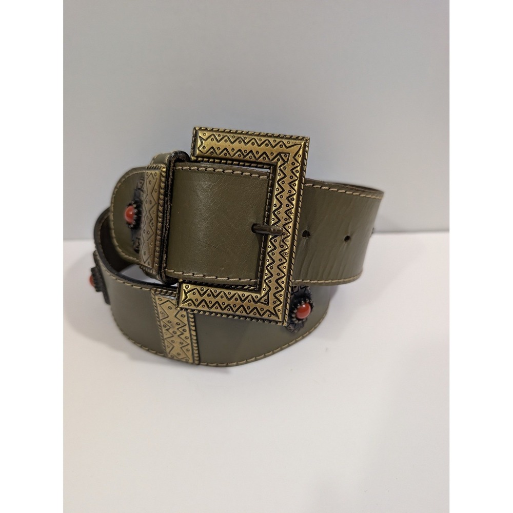 Vtg 80s Avignon Olive Green Wide Leather Belt Ornate Brass Buckle Boho Western